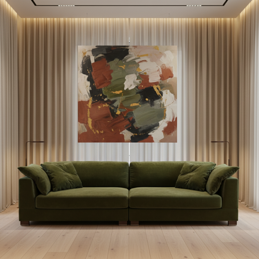 Eternity sofa with tall curtains and large abstract painting