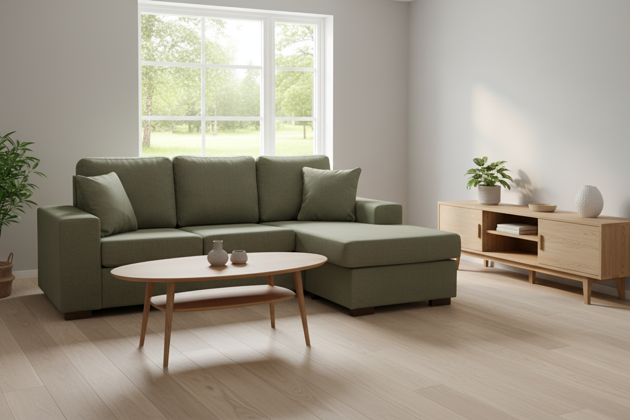 Niina kulmadivaani Aragon 39 vihreä verhoilu tamperelaisen rivitalon olohuoneessa